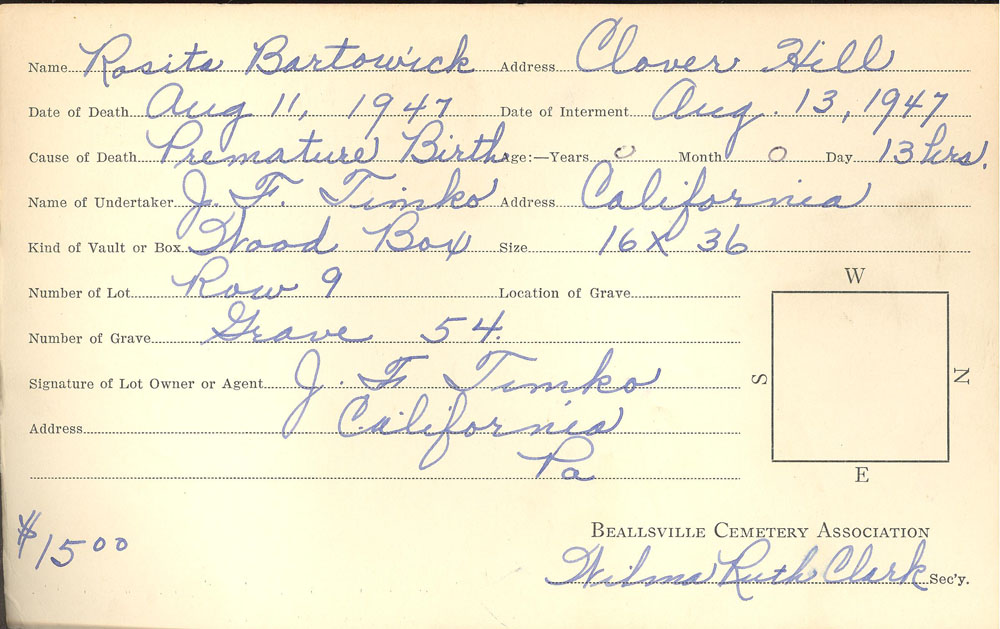 Rozeta Bartowick burial card